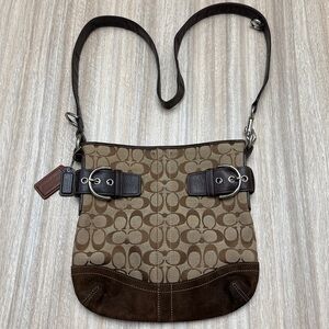 Coach Signature Soho Purse Brown & Tan Stitching Monogram Brown Suede # 3574